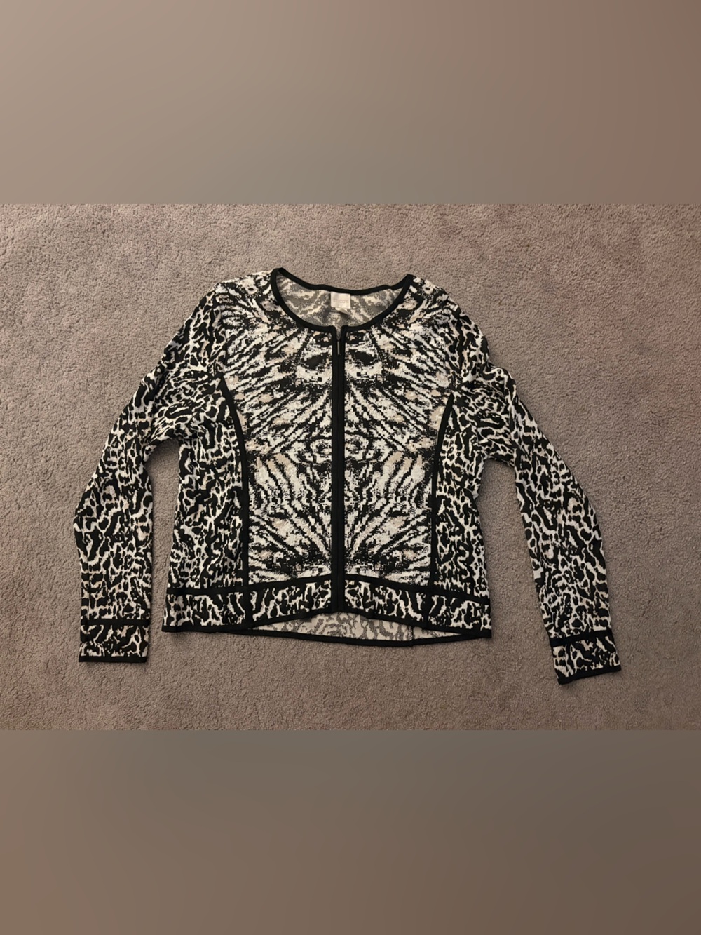 Chico's Black and White Zip-Up Animal Print Zip Sweater